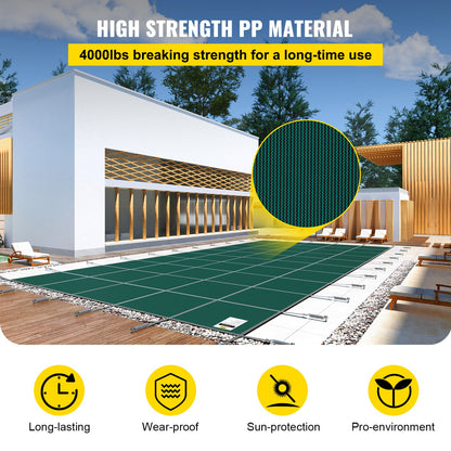 Inground Pool Safety Cover, 14 ft x 26 ft Rectangular Winter Pool Cover, Triple Stitched, High Strength Mesh PP Material with Good Rain Permeability, Installation Hardware Included, Green