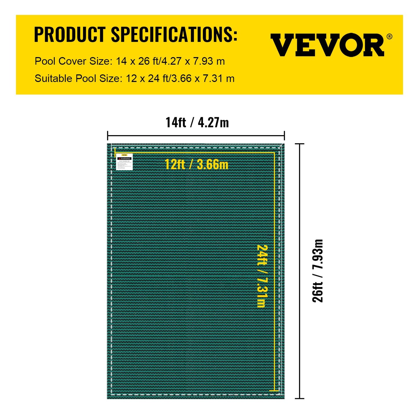 Inground Pool Safety Cover, 14 ft x 26 ft Rectangular Winter Pool Cover, Triple Stitched, High Strength Mesh PP Material with Good Rain Permeability, Installation Hardware Included, Green
