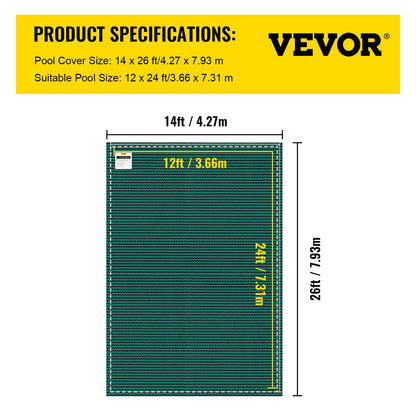 Inground Pool Safety Cover, 14 ft x 26 ft Rectangular Winter Pool Cover, Triple Stitched, High Strength Mesh PP Material with Good Rain Permeability, Installation Hardware Included, Green