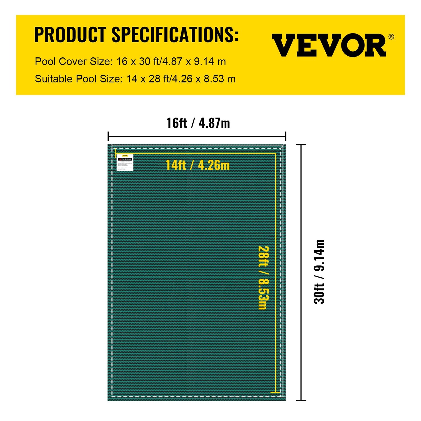 Inground Pool Safety Cover, 16 ft x 30 ft Rectangular Winter Pool Cover, Triple Stitched, High Strength Mesh PP Material with Good Rain Permeability, Installation Hardware Included, Green