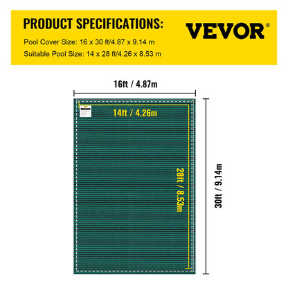 Inground Pool Safety Cover, 16 ft x 30 ft Rectangular Winter Pool Cover, Triple Stitched, High Strength Mesh PP Material with Good Rain Permeability, Installation Hardware Included, Green