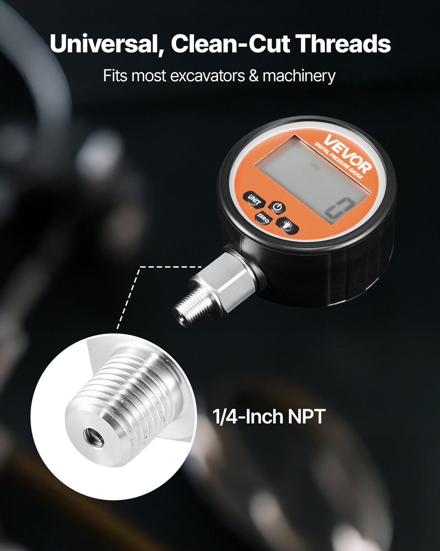 Digital Hydraulic Pressure Gauge, 0-10000 PSI (0-700 Bar) Hydraulic Pressure Sensor, Manometer Tester with 1/4 inch NPT Base Entry for Excavator Construction Machinery, Stainless Steel Housing