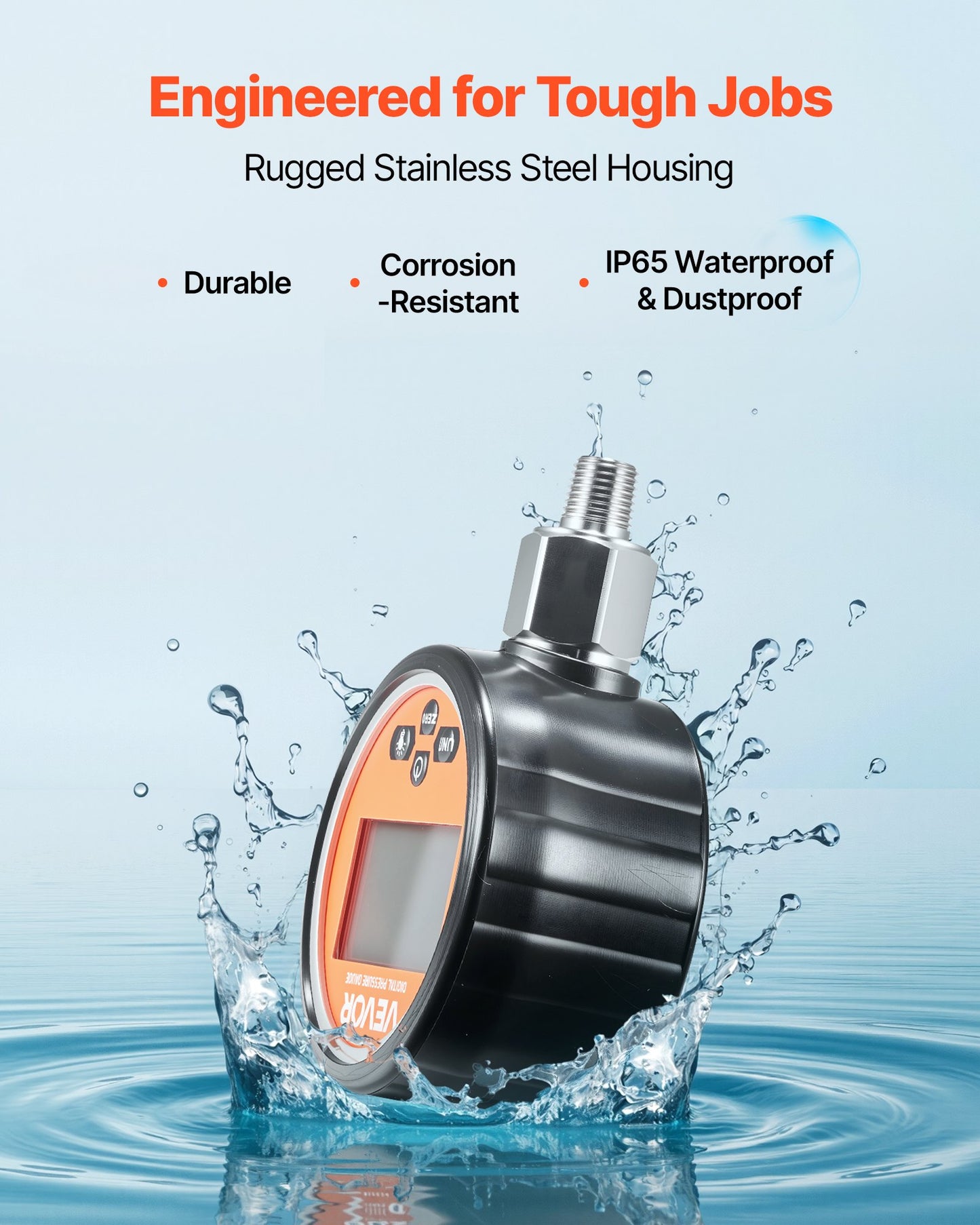 Digital Hydraulic Pressure Gauge, 0-10000 PSI (0-700 Bar) Hydraulic Pressure Sensor, Manometer Tester with 1/4 inch NPT Base Entry for Excavator Construction Machinery, Stainless Steel Housing