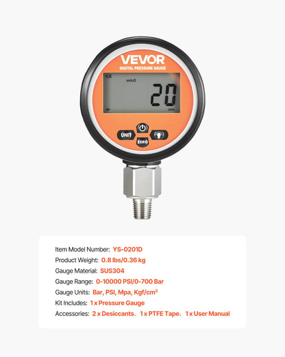 Digital Hydraulic Pressure Gauge, 0-10000 PSI (0-700 Bar) Hydraulic Pressure Sensor, Manometer Tester with 1/4 inch NPT Base Entry for Excavator Construction Machinery, Stainless Steel Housing
