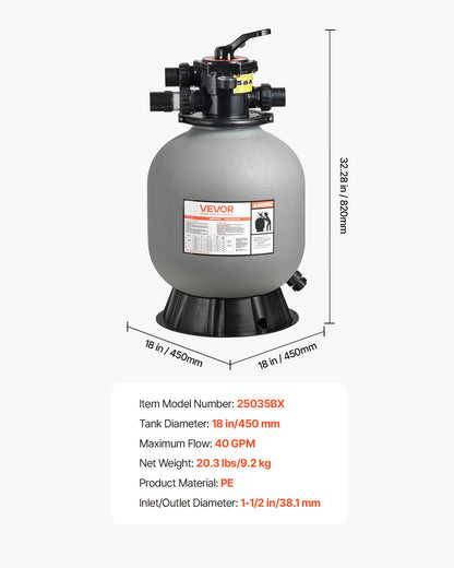 Sand Filter, 18-Inch, 40 GPM Above Inground Swimming Pool Sand Filter System, with 7-Way Multi-Port Valve, Backwash, Rinse, Recirculate, Waste, Winter, Closed Modes, for Above In Ground Pools