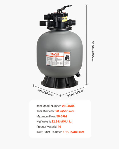 Sand Filter, 20-Inch, 50 GPM Above Inground Swimming Pool Sand Filter System, with 7-Way Multi-Port Valve, Backwash, Rinse, Recirculate, Waste, Winter, Closed Modes, for Above In Ground Pools