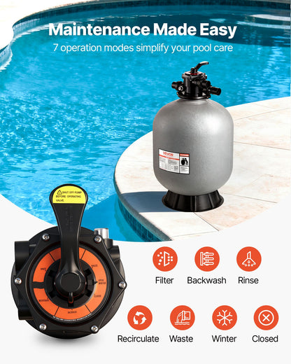 Sand Filter, 24-Inch, 65 GPM Above Inground Swimming Pool Sand Filter System, with 7-Way Multi-Port Valve, Backwash, Rinse, Recirculate, Waste, Winter, Closed Modes, for Above In Ground Pools