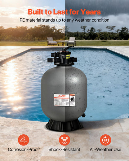 Sand Filter, 24-Inch, 65 GPM Above Inground Swimming Pool Sand Filter System, with 7-Way Multi-Port Valve, Backwash, Rinse, Recirculate, Waste, Winter, Closed Modes, for Above In Ground Pools