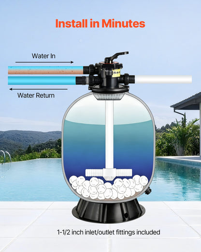 Sand Filter, 24-Inch, 65 GPM Above Inground Swimming Pool Sand Filter System, with 7-Way Multi-Port Valve, Backwash, Rinse, Recirculate, Waste, Winter, Closed Modes, for Above In Ground Pools