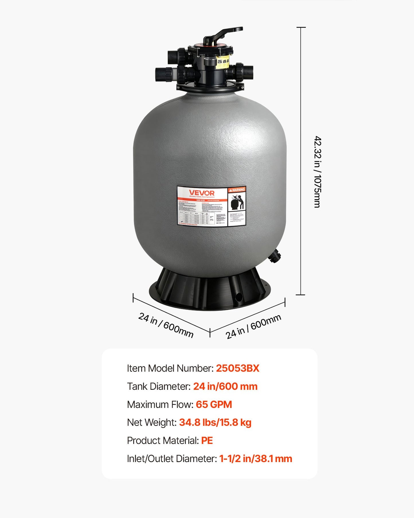 Sand Filter, 24-Inch, 65 GPM Above Inground Swimming Pool Sand Filter System, with 7-Way Multi-Port Valve, Backwash, Rinse, Recirculate, Waste, Winter, Closed Modes, for Above In Ground Pools