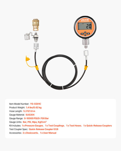 Digital Hydraulic Pressure Test Coupling Kit, 10000 PSI Pressure Gauge Manometer Tester with 1 Gauge, 1 Test Coupling, 1 Quick-Release Coupler, and 1 Hose for Excavator Construction Machinery