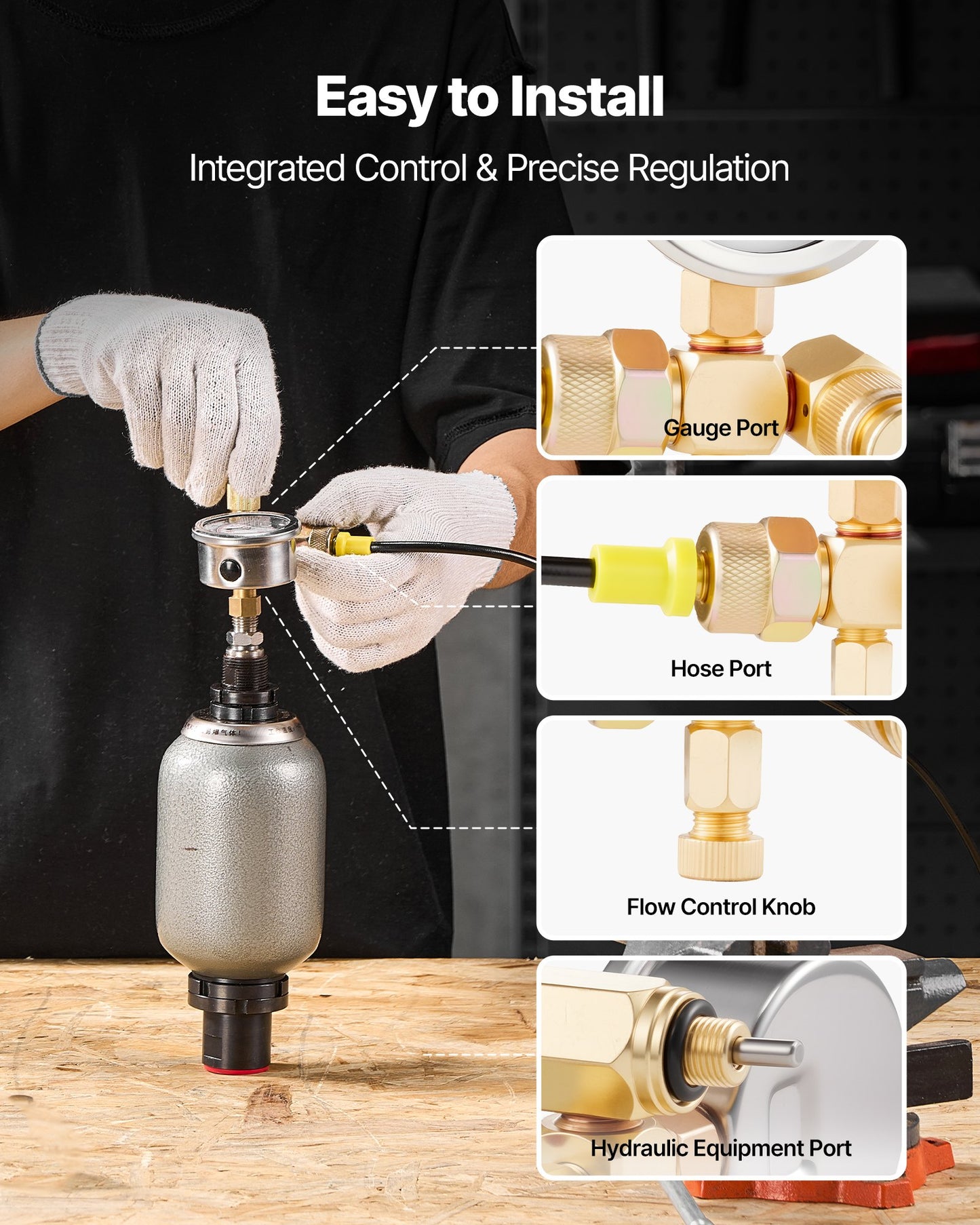 Hydraulic Nitrogen Accumulator Charging Kit, 0-1420 PSI Nitrogen Fill Kit, Pressure Test System with 1 Pressure Gauge, 1 Gas Hose, 1 Valve Body and 1 CGA580 Adapter for Construction Machinery