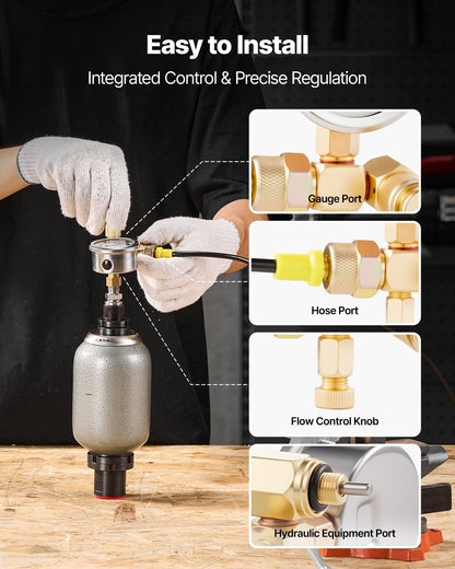 Hydraulic Nitrogen Accumulator Charging Kit, 0-1420 PSI Nitrogen Fill Kit, Pressure Test System with 1 Pressure Gauge, 1 Gas Hose, 1 Valve Body and 1 CGA580 Adapter for Construction Machinery