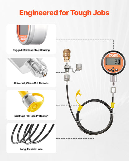 Digital Hydraulic Pressure Test Coupling Kit, 10000 PSI Pressure Gauge Manometer Tester with 2 Gauges, 9 Test Couplings, 2 Quick-Release Couplers, 2 Hoses for Excavator Construction Machinery