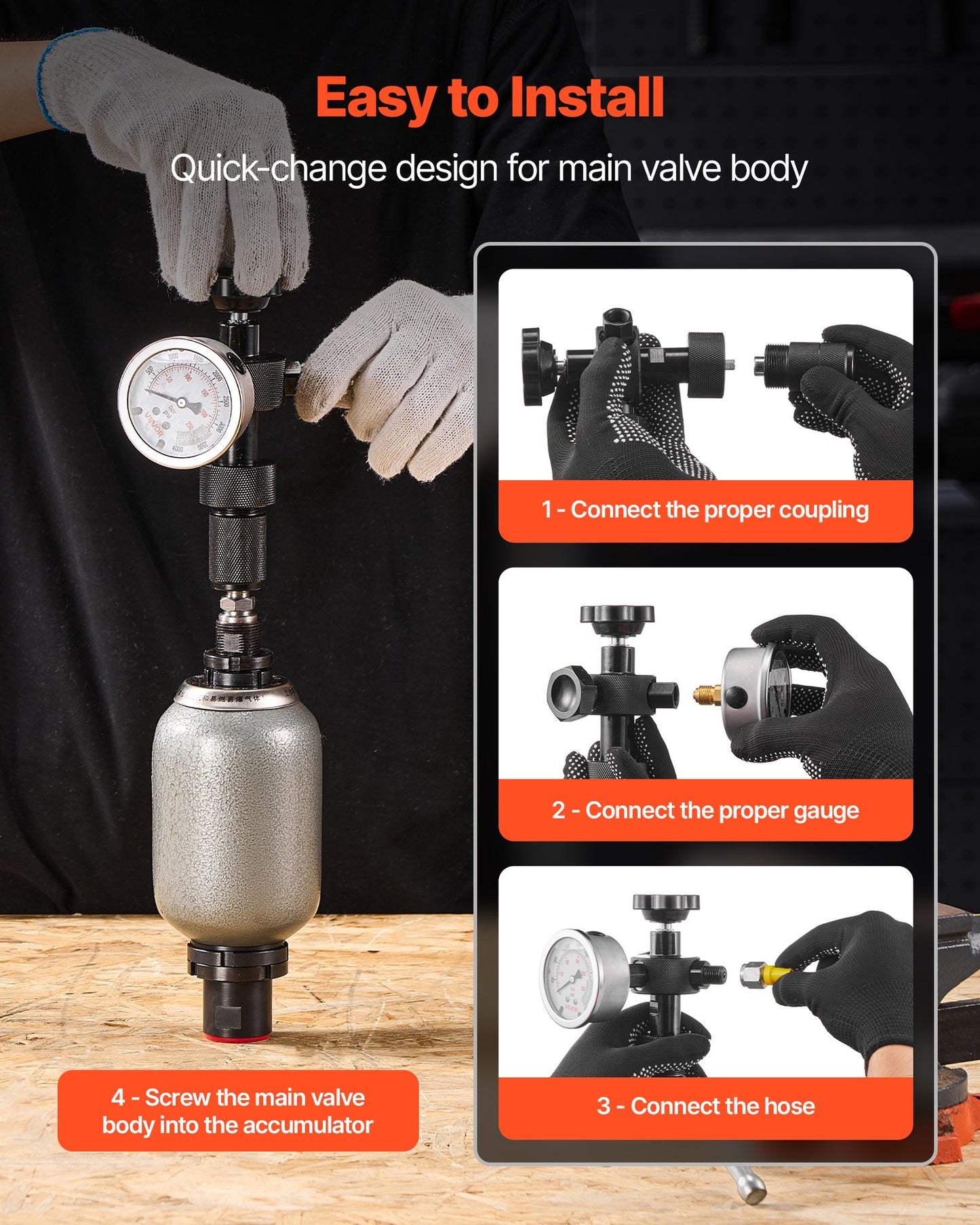Hydraulic Nitrogen Accumulator Charging Kit, All-in-One Nitrogen Fill Kit, Pressure Test System with 3 Gauges (1500, 4000, 6000 PSI), 6 Adapters Couplings, 1 Gas Hose, 1 Valve, 1 CGA580 Adapter