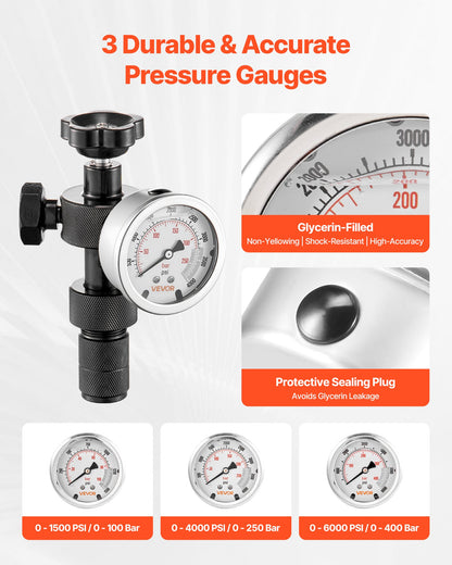 Hydraulic Nitrogen Accumulator Charging Kit, All-in-One Nitrogen Fill Kit, Pressure Test System with 3 Gauges (1500, 4000, 6000 PSI), 6 Adapters Couplings, 1 Gas Hose, 1 Valve, 1 CGA580 Adapter