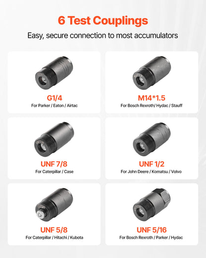 Hydraulic Nitrogen Accumulator Charging Kit, All-in-One Nitrogen Fill Kit, Pressure Test System with 3 Gauges (1500, 4000, 6000 PSI), 6 Adapters Couplings, 1 Gas Hose, 1 Valve, 1 CGA580 Adapter