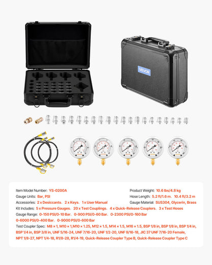 Hydraulic Pressure Test Kit, 150/900/2300/6000/9000 PSI (10/60/160/400/600 Bar), Hydraulic Gauge Kit 5 Gauges 20 Couplings 4 Quick-Release Couplers 3 Hoses for Excavator Construction Machinery