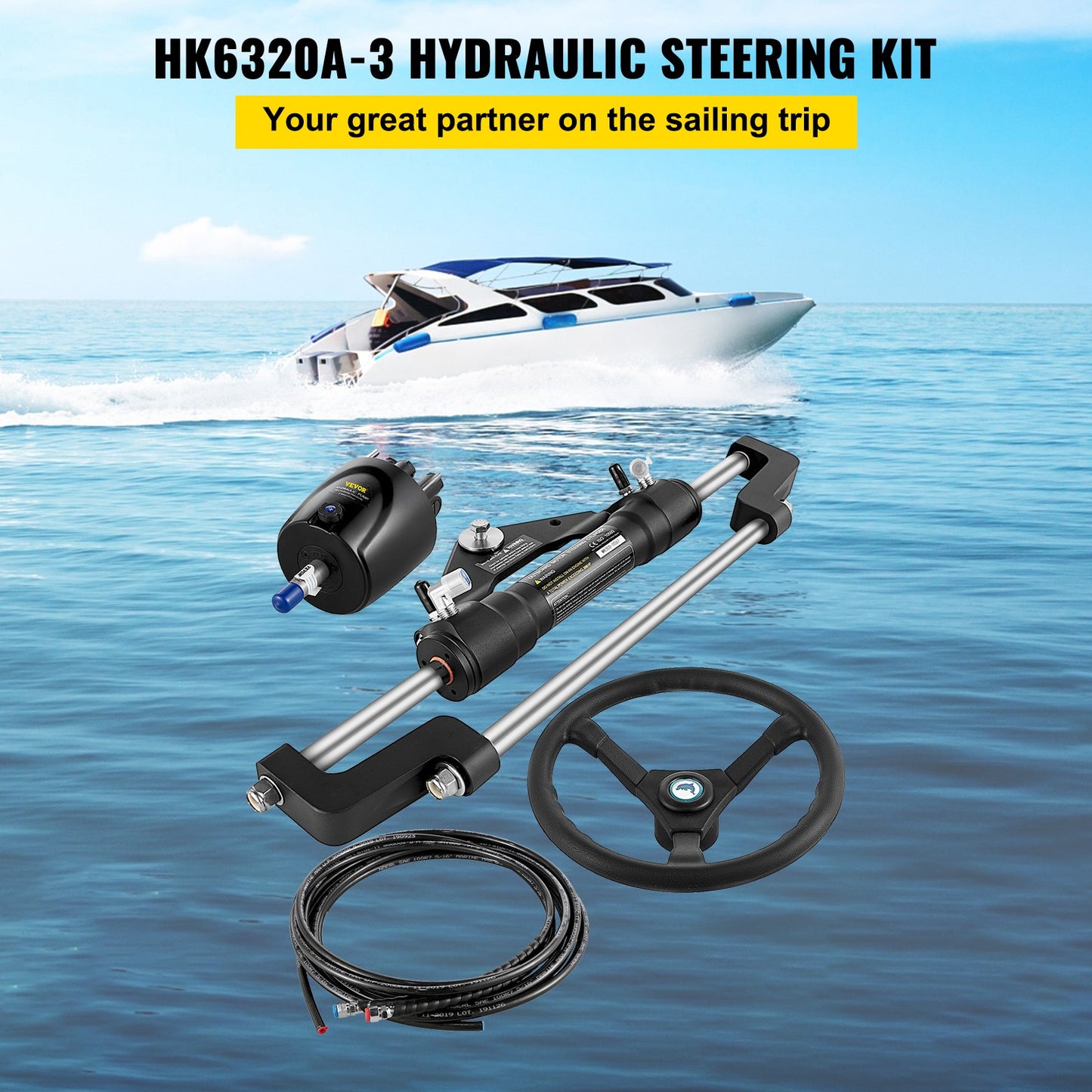 Hydraulic Boat Steering Kit 300HP, Hydraulic Steering Kit Helm Pump, Hydraulic Outboard Steering Kit with 20 Feet Hydraulic Steering Hose for Boat Steering System