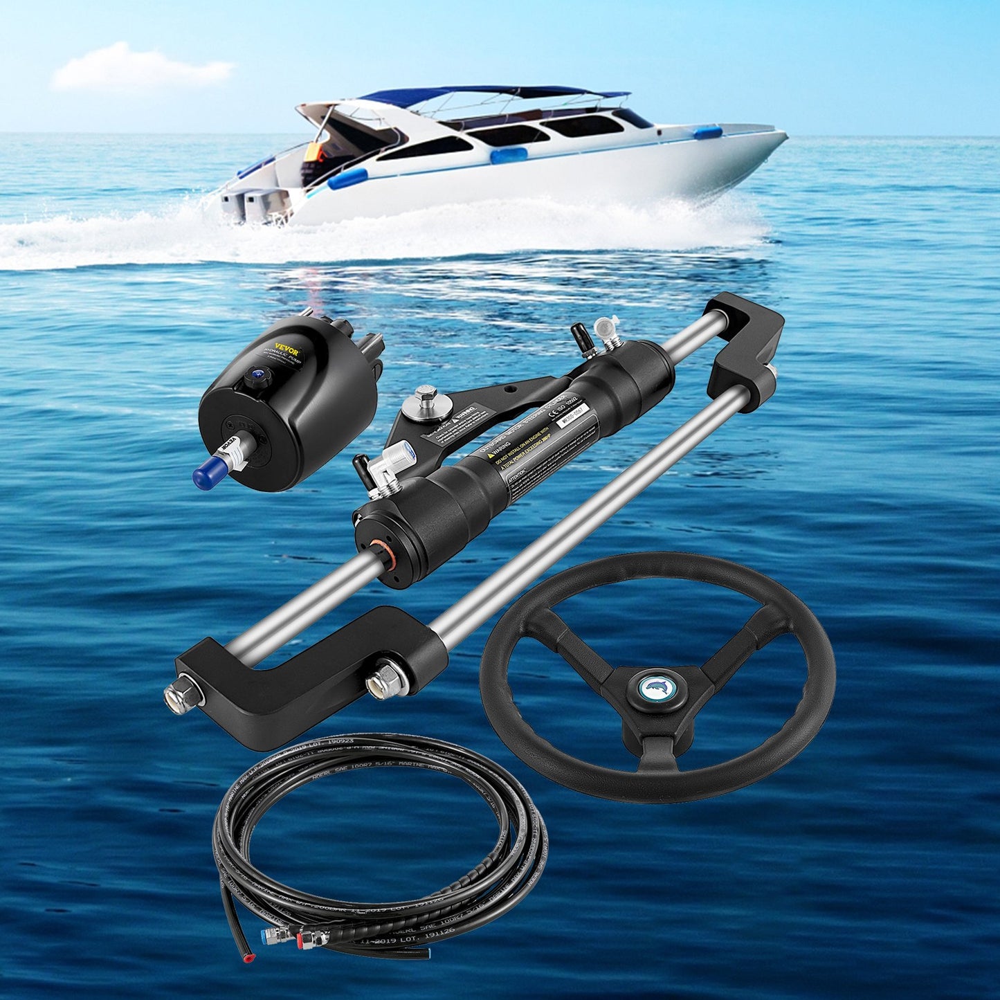 Hydraulic Boat Steering Kit, 300HP Hydraulic Steering Kit Helm Pump, Cylinder, Wheel, 24 Feet Hose Hydraulic Steering Seal Kit, Corrosion-Resistant Boat Steering System Marine Steering Kit