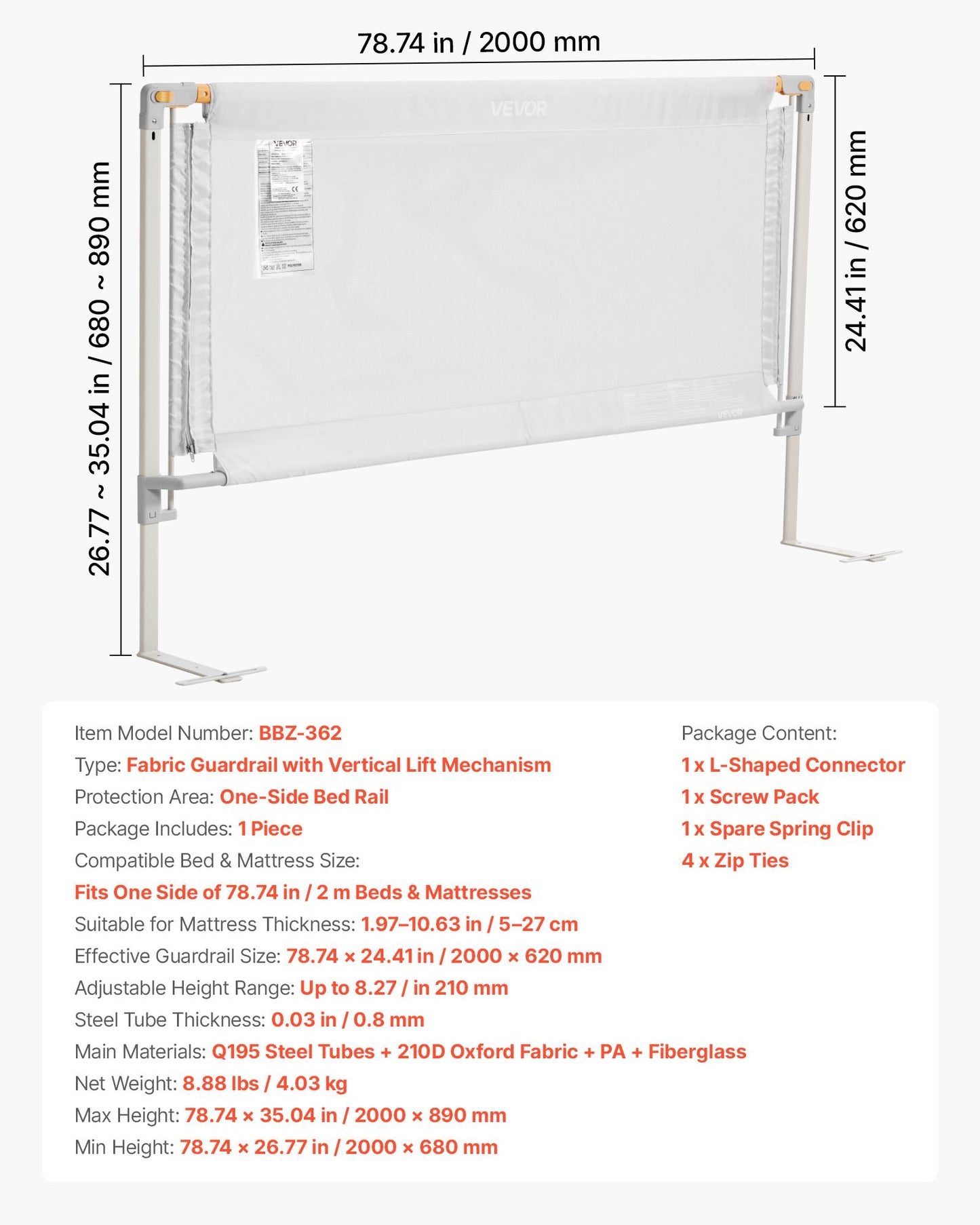 Toddler Bed Rail, Kids Beds Guard Rail with Reinforced Iron Pipe and Oxford Cloth, Adjustable Height Bed Side Railing, Portable Guard Bumper Barrier for Crib, Bunk, 78.74 x 35.04 in, 1 Piece
