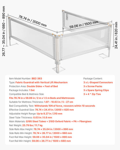 3 Piece Toddler Bed Rail, Kids Beds Guard Rail with Reinforced Iron Pipe and Oxford Cloth, Adjustable Height Bed Side Railing, Portable Guard Bumper Barrier for Queen Size, 3 Sides, Grey