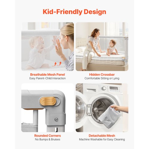 3-delad sänggrind för småbarn, skyddsräcke för barnsängar med förstärkt järnrör och oxfordtyg, justerbart sängräcke på sidorna, bärbart skyddsräcke för king size-säng, 3 sidor, grå |  EU