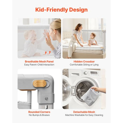 3-delad sänggrind för småbarn, skyddsräcke för barnsängar med förstärkt järnrör och oxfordtyg, justerbart sängräcke på sidorna, bärbart skyddsräcke för king size-säng, 3 sidor, grå |  EU