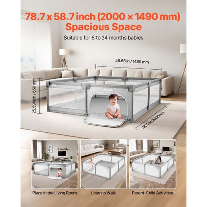 Babylekhage, 2000 x 1490 mm stor lekhage för småbarn, inomhus-/utomhusstaket för babylek med 50 havsbollar, dragkedja med dörr och andningsbart nät, säkerhetsaktivitetscenter utan mellanrum för spädbarn och småbarn |  EU