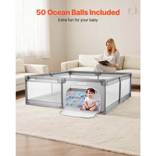 Babylekhage, 2000 x 1490 mm stor lekhage för småbarn, inomhus-/utomhusstaket för babylek med 50 havsbollar, dragkedja med dörr och andningsbart nät, säkerhetsaktivitetscenter utan mellanrum för spädbarn och småbarn |  EU