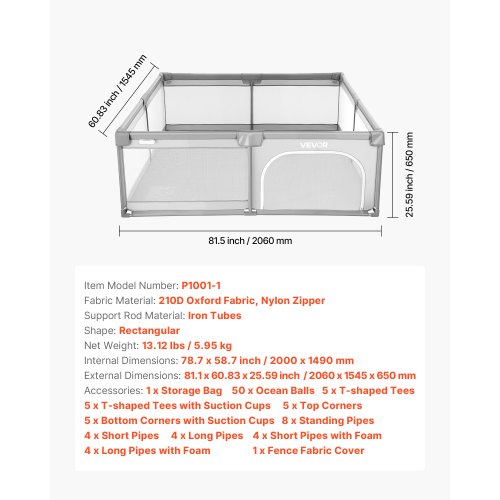Babylekhage, 2000 x 1490 mm stor lekhage för småbarn, inomhus-/utomhusstaket för babylek med 50 havsbollar, dragkedja med dörr och andningsbart nät, säkerhetsaktivitetscenter utan mellanrum för spädbarn och småbarn |  EU