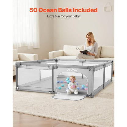 Babylekhage, 2000 x 1785 mm extra stor lekhage för spädbarn, inomhus-/utomhuslekgård med staket, säkerhetsaktivitetscenter utan mellanrum med 50 havsbollar, dragkedja med dörr och mjukt, andningsbart nät |  EU