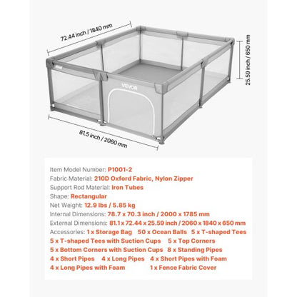 Babylekhage, 2000 x 1785 mm extra stor lekhage för spädbarn, inomhus-/utomhuslekgård med staket, säkerhetsaktivitetscenter utan mellanrum med 50 havsbollar, dragkedja med dörr och mjukt, andningsbart nät |  EU