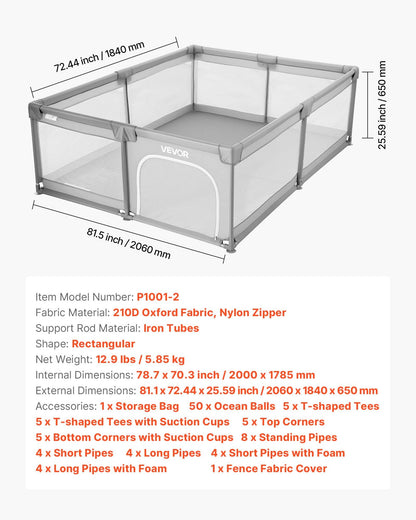 Baby Playpen, 78.7″ x 70.3″ Extra Large Playpen for Babies Toddlers, Indoor/Outdoor Baby Fence Play Yard, No-Gap Safety Activity Center with 50 Ocean Balls, Zippered Door & Soft Breathable Mesh