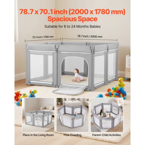 Babylekhage, 2000 x 1780 mm Extra stor lekhage för småbarn, hopfällbart babystaket med dragkedja och mjukt andningsbart nät, säkerhetsaktivitetscenter för inomhus och utomhus - perfekt present till småbarn |  EU