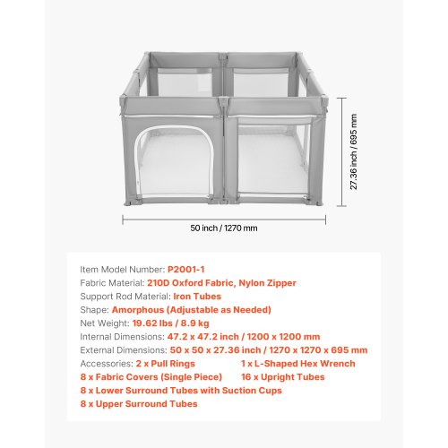 Babylekhage, 1200 x 1200 mm hopfällbar lekhage för småbarn, inomhus-/utomhusstaket för babylek med dragkedja och mjukt andningsbart nät, aktivitetscenter utan mellanrum för småbarn 6–24 månader |  EU