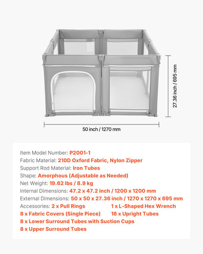 Baby Playpen, 47.2″ x 47.2″ Foldable Toddlers Playpen, Indoor/Outdoor Baby Fence Play Yard with Zippered Door & Soft Breathable Mesh, No-Gap Toddlers Activity Center for 6 -24 Months Babies