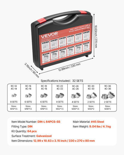64 PCS DIN Hydraulic Fittings, Heavy Duty Master Industrial Hydraulic Cap and Plug, Hose Tube and Pipe Fitting Kit, Cap and Plug Kit with Precision Threading, Dash Sizes 14/16/18/22/26/30/36