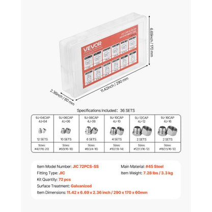 72-PIECE Hydraulic Couplings 37° JIC Hydraulic Hose Cap and Plug Set