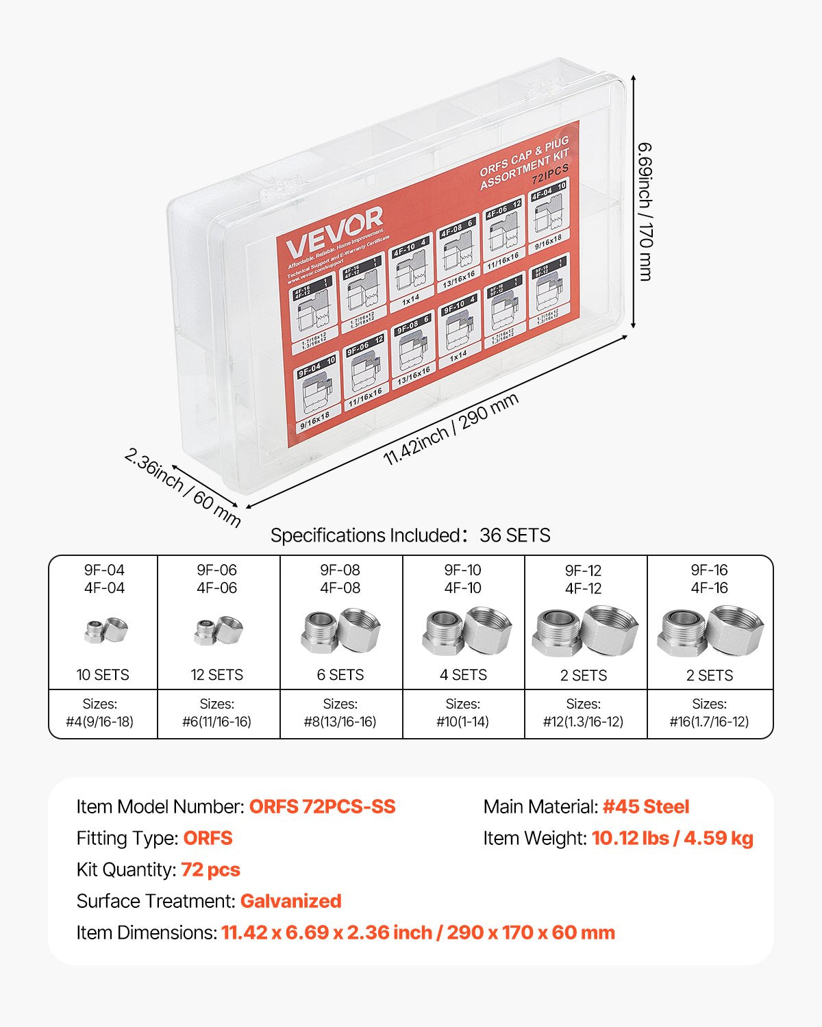 72 PCS ORFS Hydraulic Fittings, O Ring Face Seal Fitting Kit, Hydraulic Hose Tube and Pipe Fittings, Cap and Plug Set for Hydraulics, O Ring Assortment Kit Precision Thread, Sizes 4 6 8 10 12 16