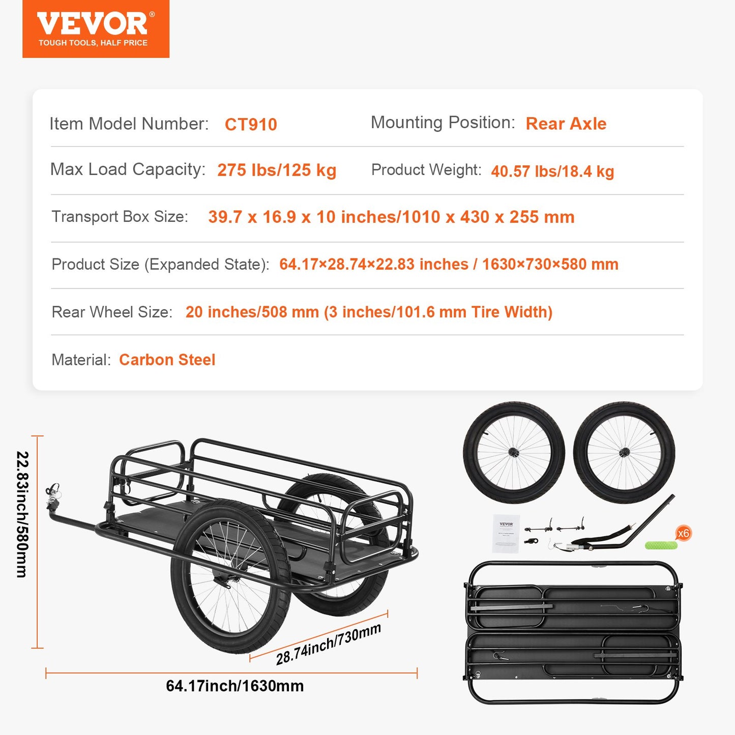 Bike Cargo Trailer, 275 lbs Load Capacity, Heavy-Duty Bicycle Wagon Cart, Foldable Compact Storage & Quick Release with Universal Hitch, 20" Wheels, Fits Most Bike Wheels, Carbon Steel Frame