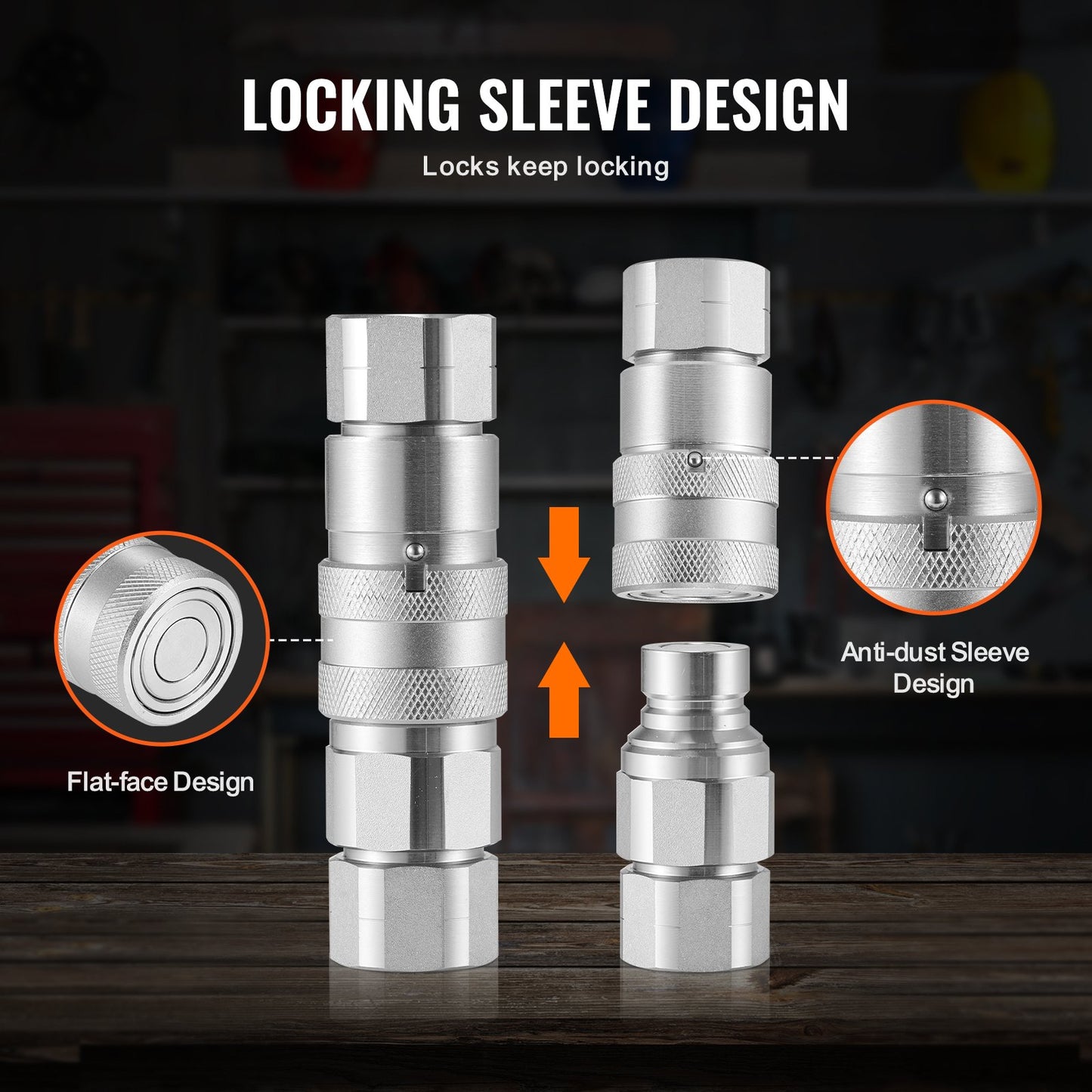 1/2" Flachkupplungen für Hydraulik, 3/4 SAE-Kupplungen für Kompaktlader, 2 Staubkappen