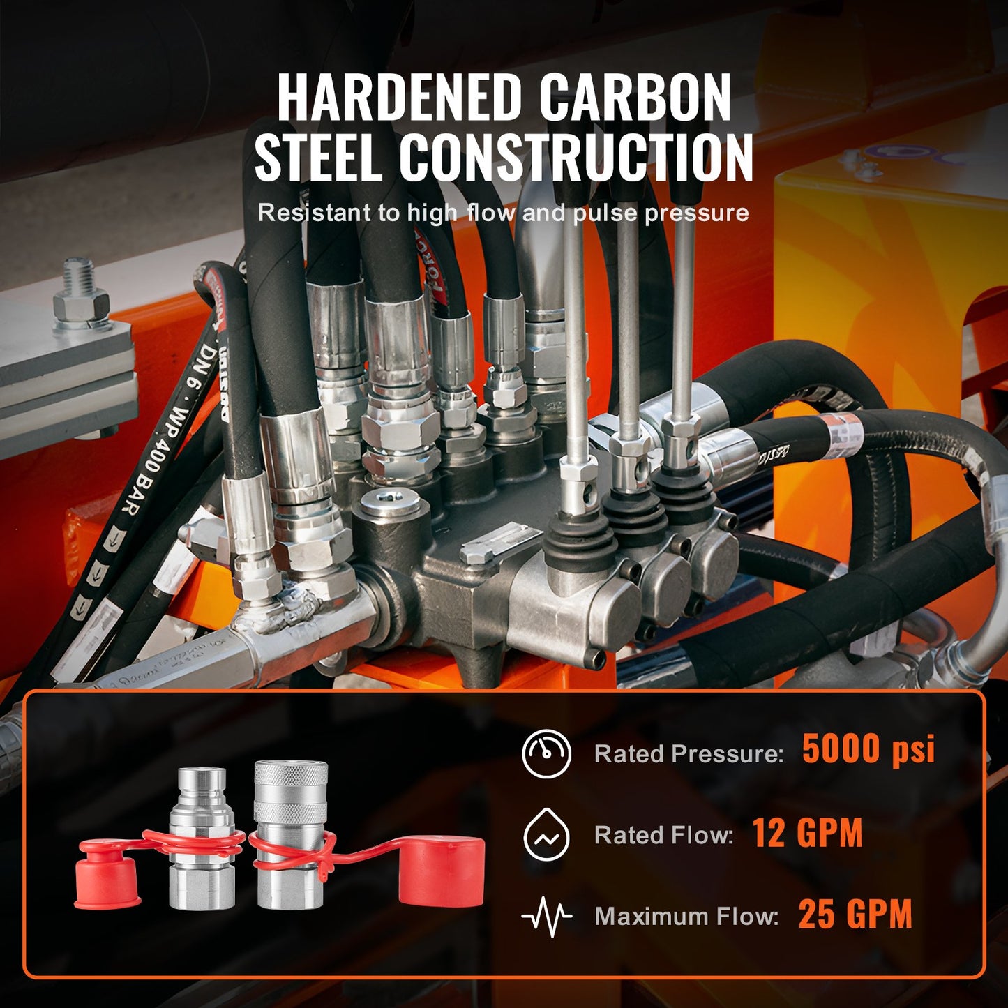 1/2" Flachkupplungen für Hydraulik, 3/4 SAE-Kupplungen für Kompaktlader, 2 Staubkappen