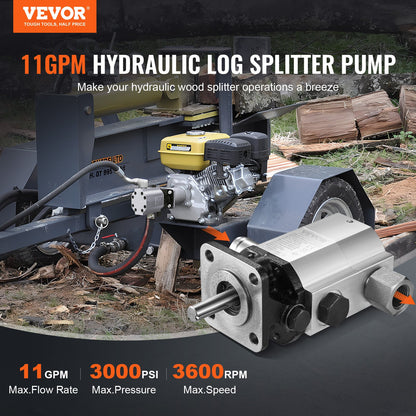Hydraulic Log Splitter Pump, 11GPM, 2 Stage 3000PSI Wood Log Splitter Pump, 1'' Inlet 1/2'' NPT Outlet 3600 RPM Aluminum Hydraulic Gear Pump, for Small Engine Mounting Log Splitters Snowplow