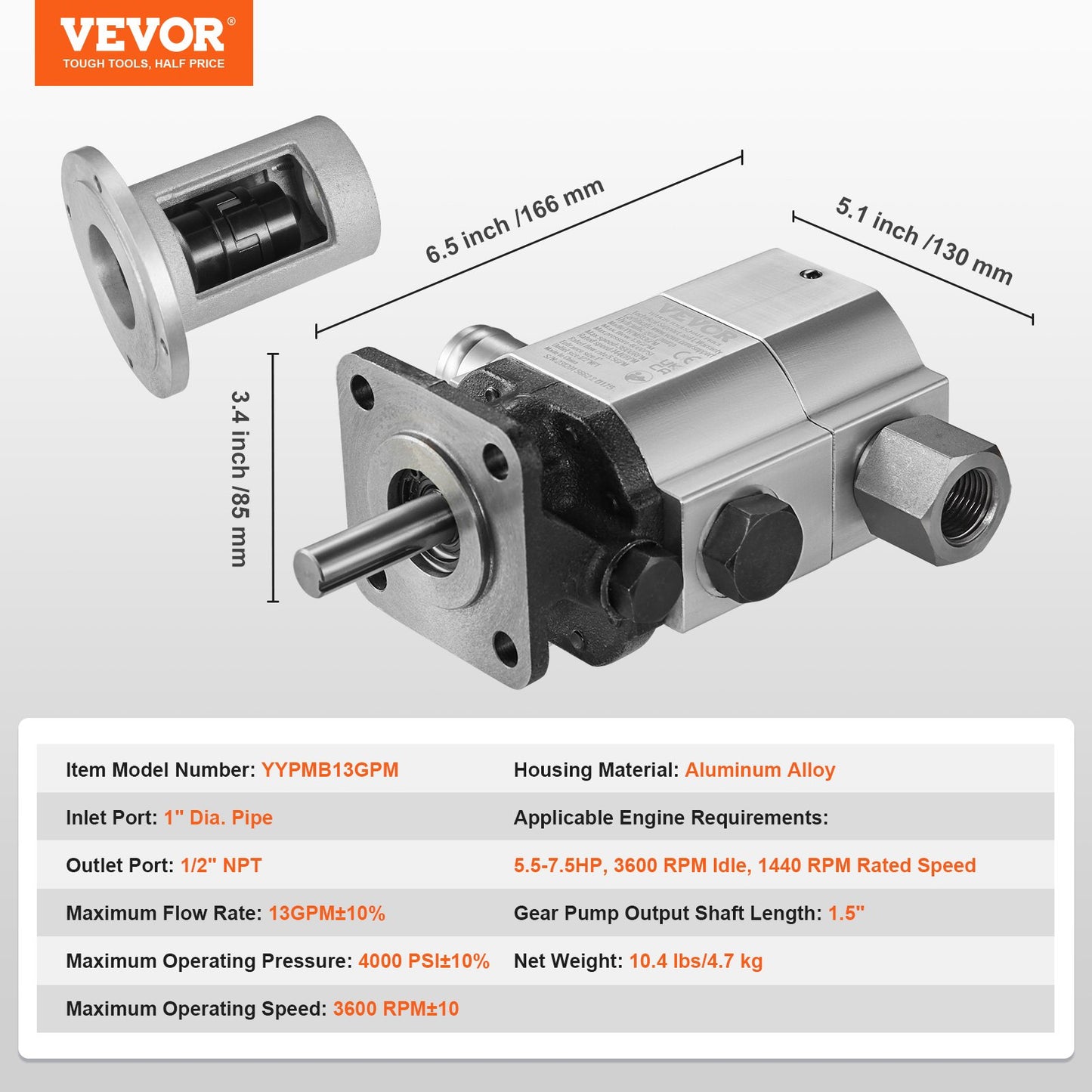 Hydraulic Wood Log Splitter Pump Kit, 13 GPM, 2 Stage 4000 PSI Aluminum Hydraulic Gear Pump, with Coupling Installation Base 1/2'' NPT Outlet 3600 RPM, for Small Engine Mounting Log Splitter