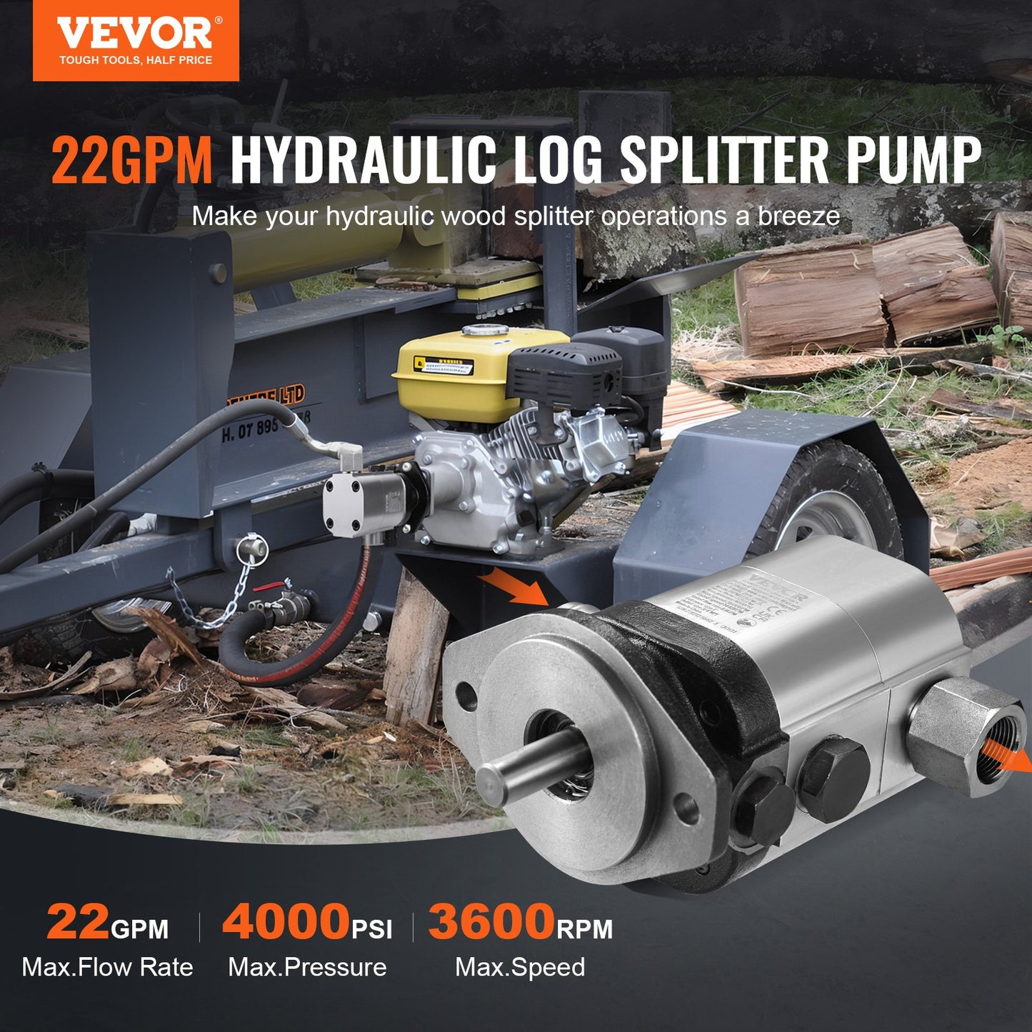 Hydraulic Log Splitter Pump, 22GPM, 2 Stage 4000PSI Wood Log Splitter Pump, 1-1/4'' Inlet 3/4'' NPT Outlet 3600 RPM Aluminum Hydraulic Gear Pump, for Small Engine Mounting Log Splitters Snowplow