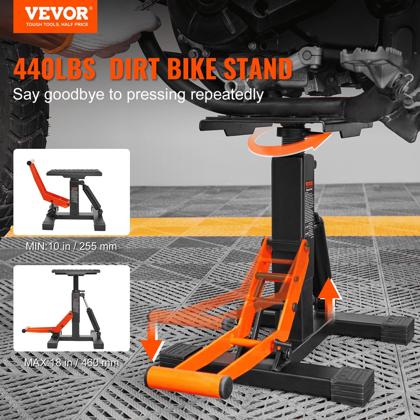 Dirt Bike Lift Stand, Motorcykel Jack Lift Stand 440 lbs Kapacitet och hydraulisk lyftfunktion, justerbart höjdlyftbord, för Dirt Pit Bike Reparation, Underhåll, Dirt Bike Tillbehör