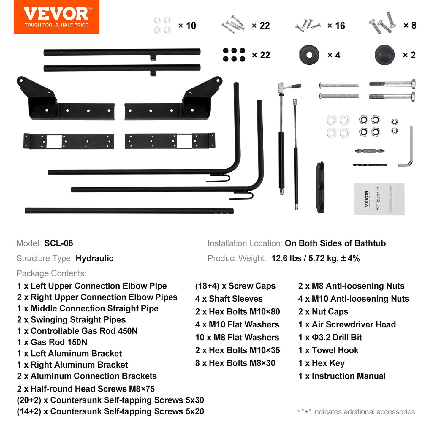 Hot Tub Cover Lift, Spa Cover Lift, Hydraulisk, Bredd 69" - 96,5" Justerbar, installerad på båda sidor upptill, Lämplig för olika storlekar av rektangulära badkar, badtunnor, Spa