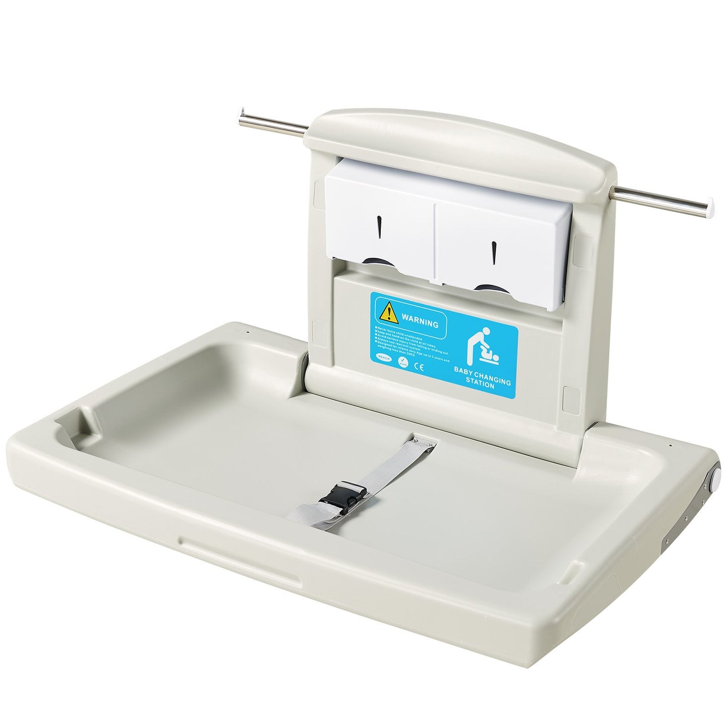 Wandmontierter Wickeltisch, horizontal klappbarer Wickeltisch mit Sicherheitsgurten und Aufhängestangen, Verwendung in gewerblichen Badezimmern, Kindertagesstätten für Neugeborene und Kleinkinder