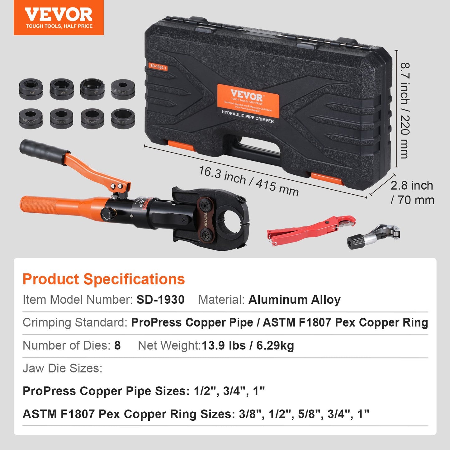 Copper Pipe Crimping Tool, Hydraulic Driven Press Tool with 1/2", 3/4", 1" Jaws for Copper Pipe and 3/8", 1/2", 5/8", 3/4", 1" Jaws for ASTM F1807 Pex Pipe Copper Ring